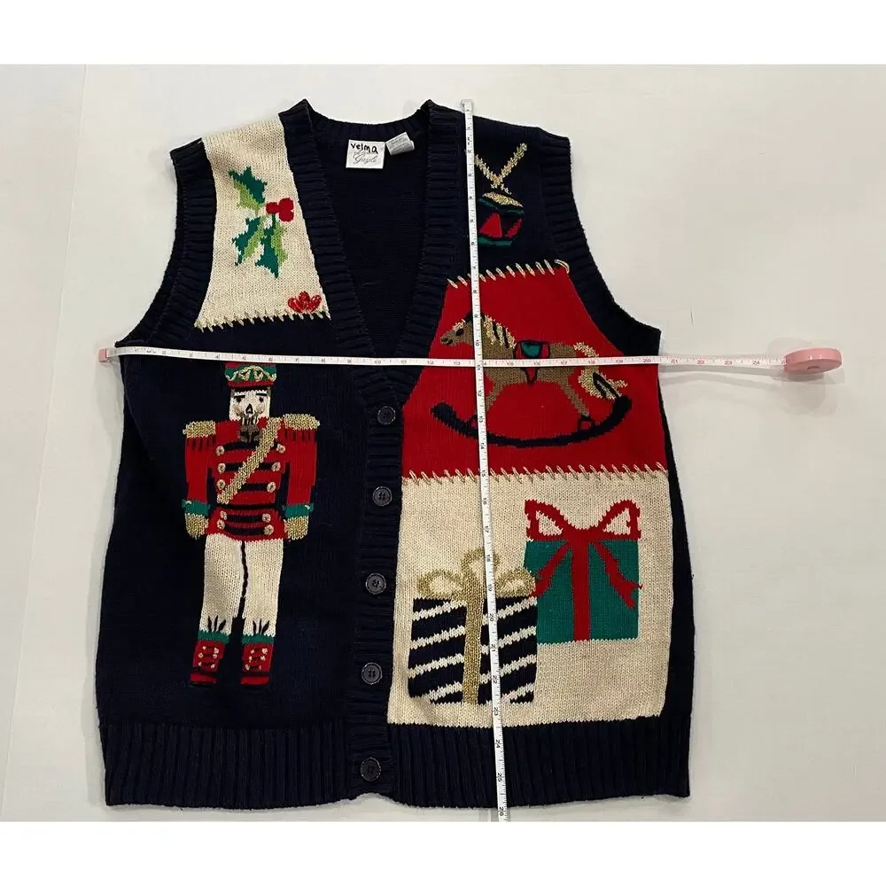 Lauren Gayle Navy, Red, Christmas Patchwork Sweater Vest, Nutcracker, Holly, M